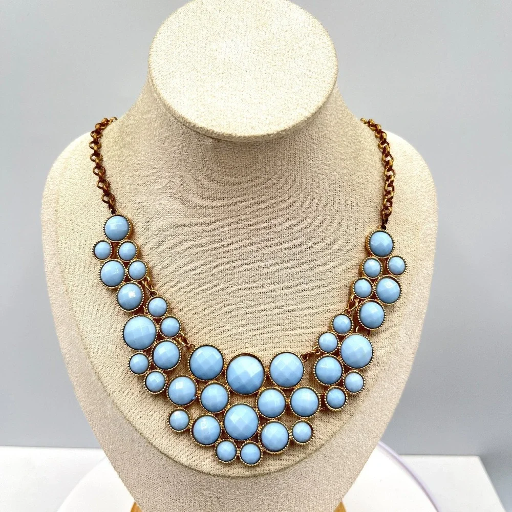 Vintage Retro Sky Blue Cabochon Bib Statement Necklace Gold Tone Geo Bubbles - Picture 9 of 13